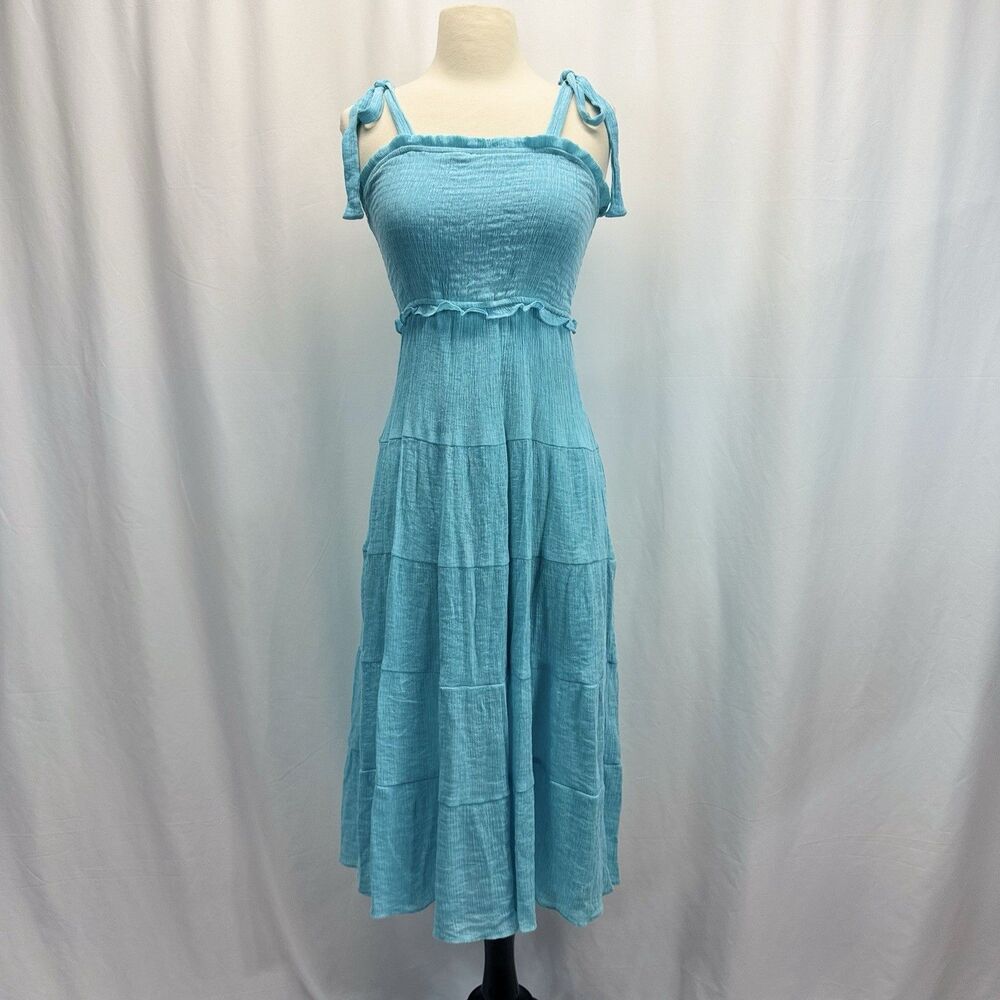 Altar’d State Floral Tiered Midi Sun Dress S Blue Green Tie Strap Smocked Bodice